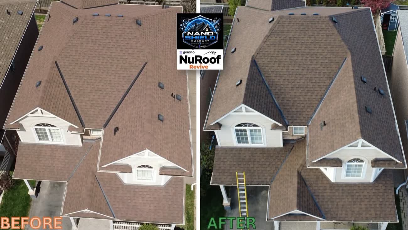 Before and after of a Calgary roof treated by Nano Shield