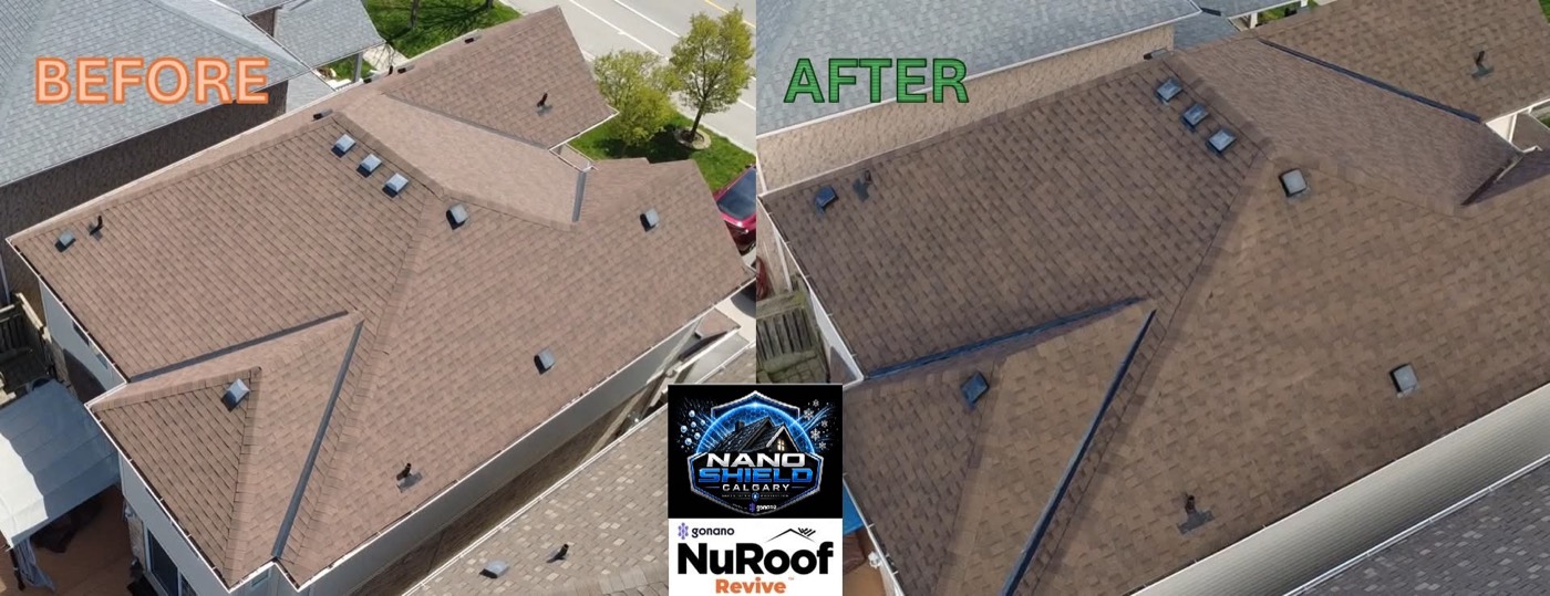 Wide before and after comparison of a Calgary roof treated with GoNano